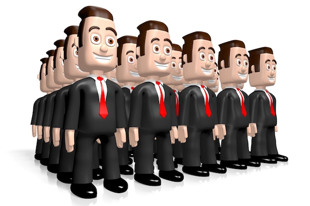 Many cartoon businessmen on white background 3D illustration