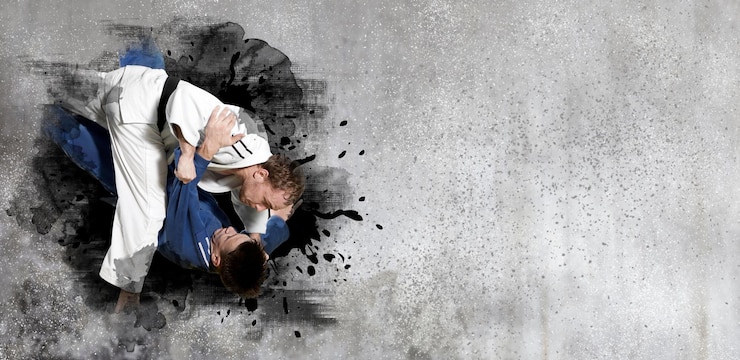 Fotografie martial arts masters on wall background sports banner horizontal copy space background