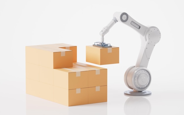 Mechanical arm and cardboard box 3d rendering
