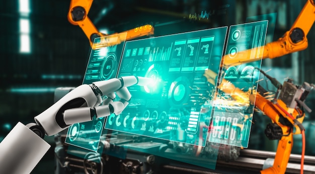 mechanized industry robot and robotic arms for assembly in factory production .