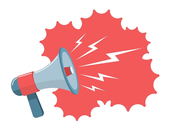 Megaphone on red background Loudspeaker with white lightning signs Public speaking equipment promo and advertising symbol Promotion announces Cartoon flat isolated vector concept