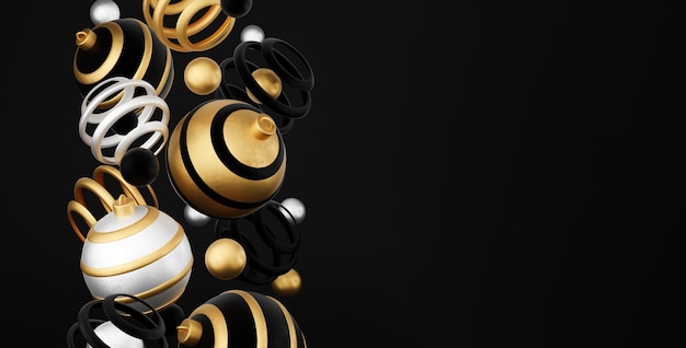 Merry Christmas and Happy New Year 3d render illustration card with ornate gold, black and silver xmas balls and decoration. Winter decoration, minimal design