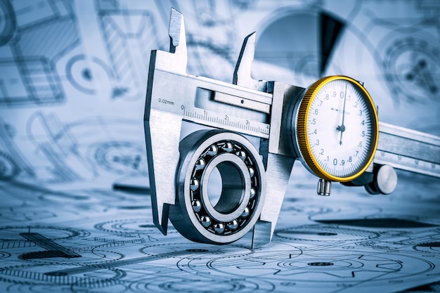 Metal vernier caliper and Ball bearings on technical drawing a blue toning