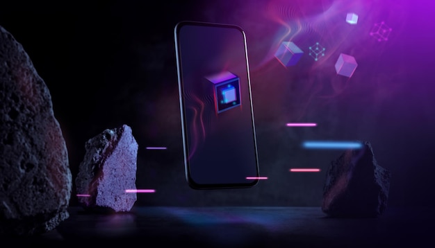 Metaverse and Blockchain Technology Concepts Experiences of Metaverse Virtual World via Smart Phone Futuristic Tone Conceptual Photo