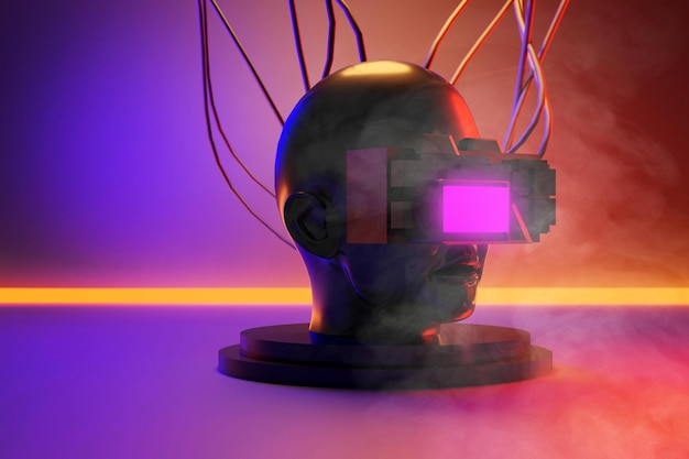 metaverse vr simulation gaming cyberpunk style, digital robot, 3d illustration rendering, virtual reality