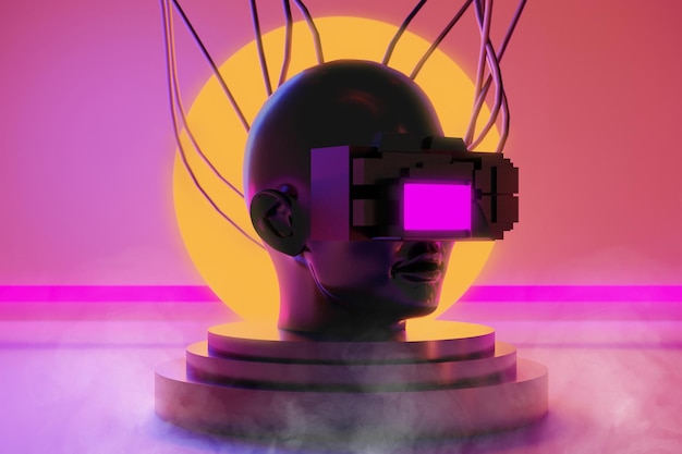 metaverse vr simulation gaming cyberpunk style, digital robot, 3d illustration rendering, virtual reality