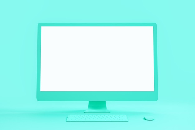 Minimal concept with blank white mock up of single material turquoise computer screen 3D Rendering