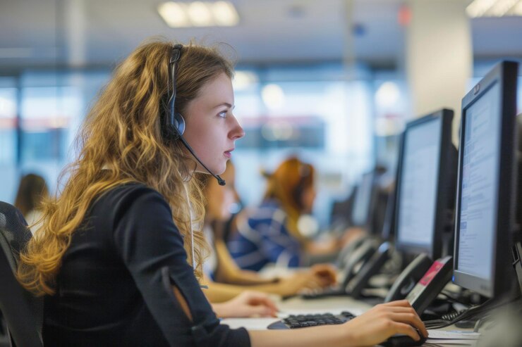 Mladá a přátelská operátorka s náhlavní soupravou pracuje v call centru