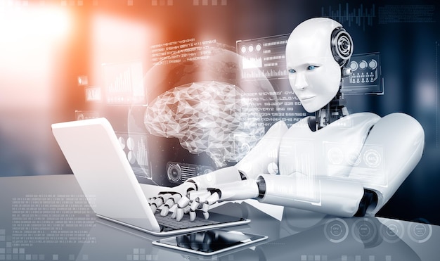 mlb robot humanoid use laptop and sit at table in concept of ai thinking brain