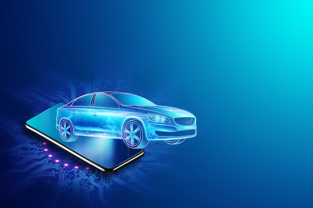 Mobile GPS navigation, hologram image of a car leaving the smartphone screen. 3D rendering, 3D illustration.