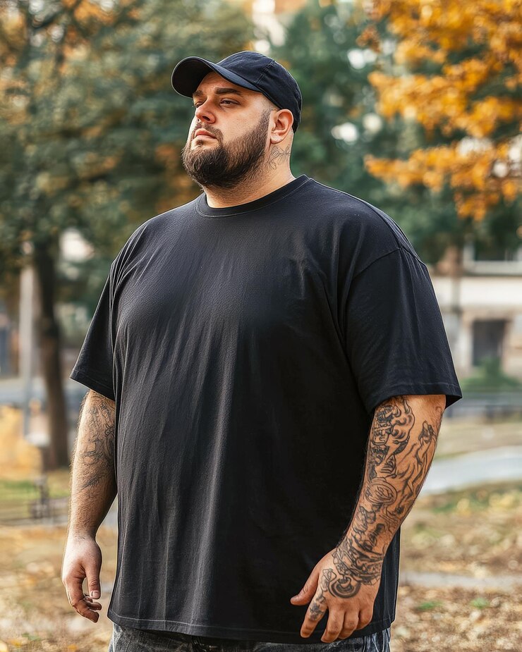 Model showcases blank black tshirt in a vibrant autumn park