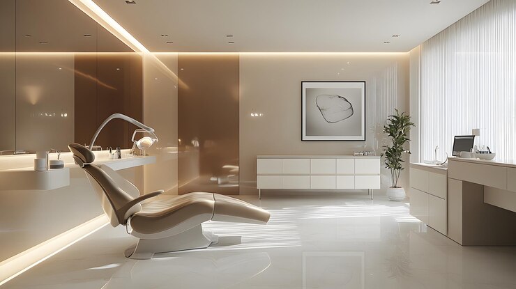 Modern and bright dental treatment room with advanced dental chair sleek design and wellorganized tools emphasizing a clean and professional environment