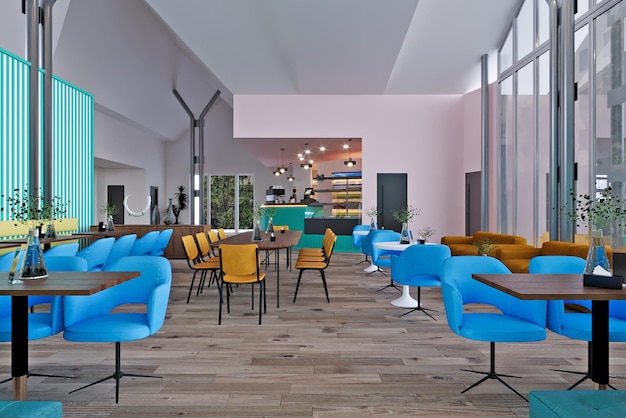 modern and stylish restaurant interior with blue and yellow chairs