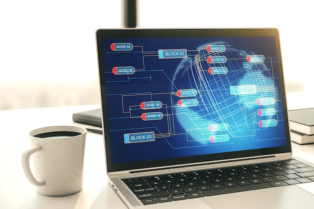 Modern computer display with abstract programming language hologram and world map artificial intelligence and neural networks concept 3D Rendering