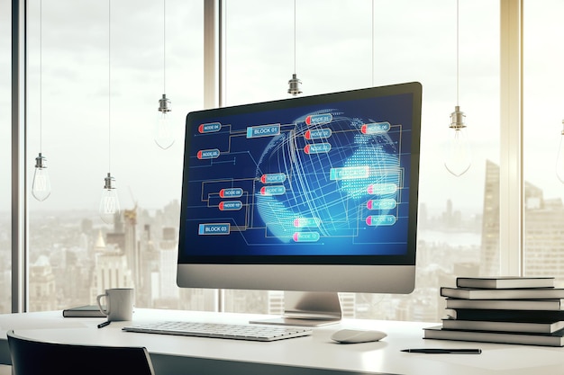 Modern computer display with abstract programming language hologram and world map artificial intelligence and neural networks concept 3D Rendering
