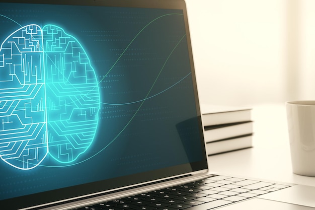 Modern computer display with creative human brain microcircuit Future technology and AI concept 3D Rendering