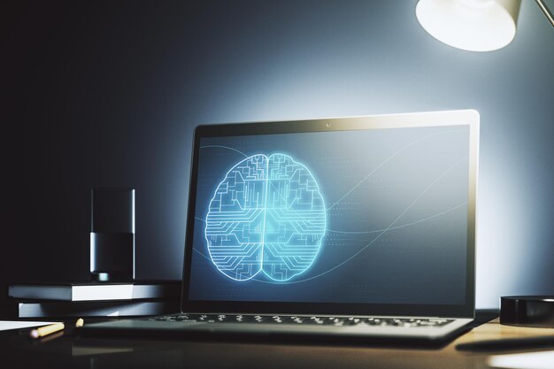 Modern computer display with creative human brain microcircuit Future technology and AI concept 3D Rendering