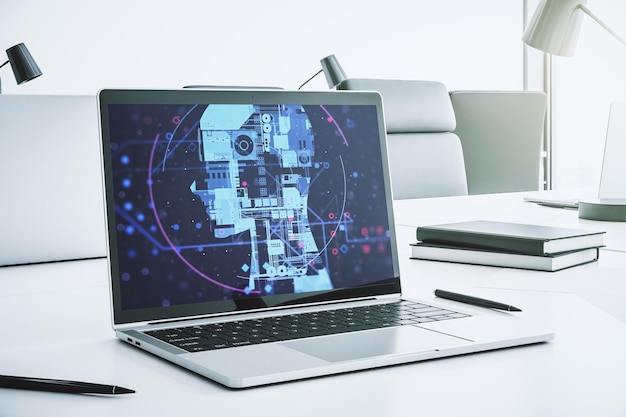 modern computer monitor with creative artificial intelligence symbol neural networks and machine learning concept 3d rendering