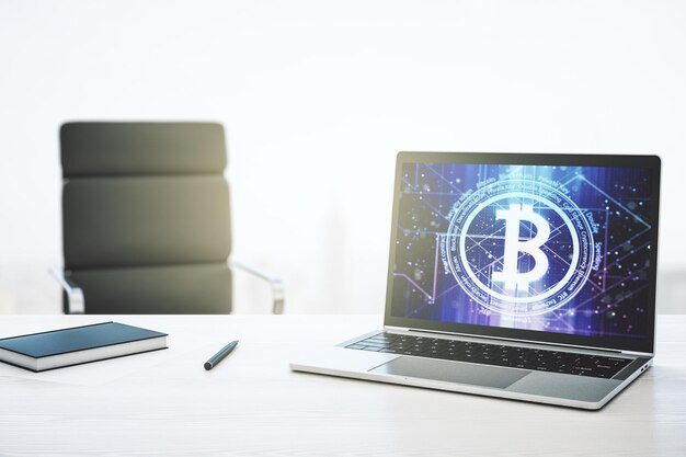 modern computer monitor with creative bitcoin symbol cryptocurrency concept 3d rendering