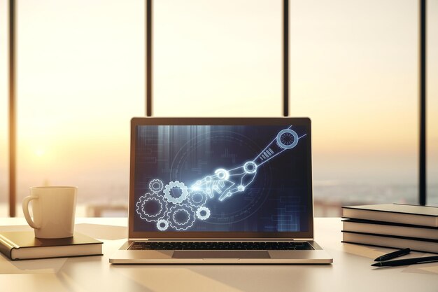 Modern computer monitor with robotics technology hologram Research and development software concept 3D Rendering