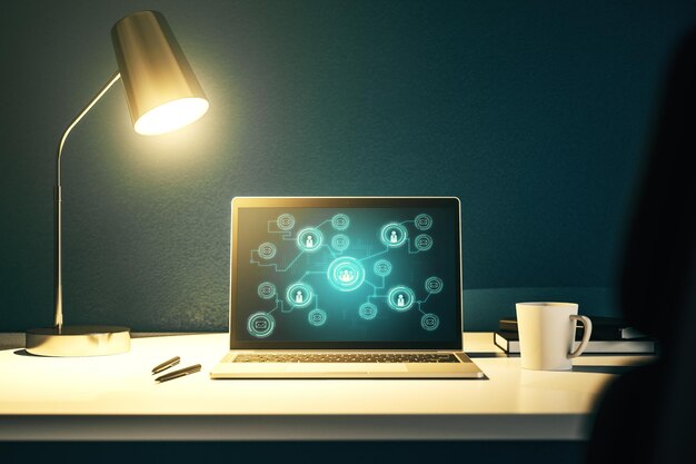 Modern computer monitor with social network icons concept Marketing and promotion concept 3D Rendering