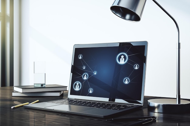 Modern computer monitor with social network icons concept Marketing and promotion concept 3D Rendering