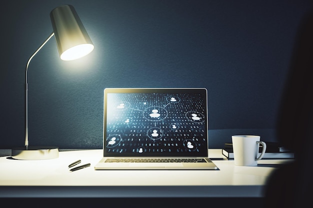 Modern computer monitor with social network icons concept Marketing and promotion concept 3D Rendering