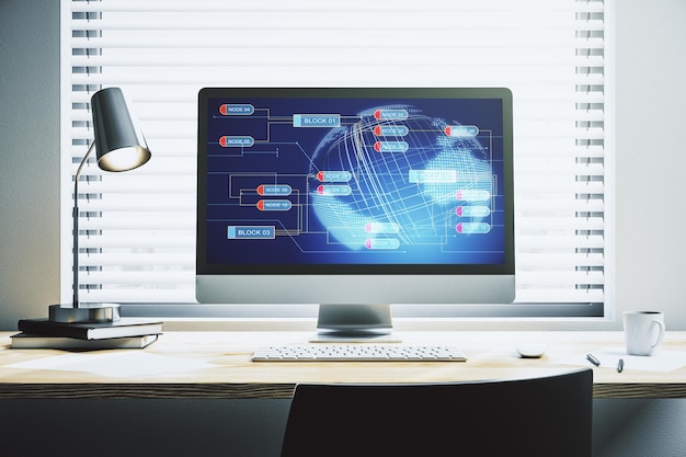 Modern computer screen with abstract creative coding sketch and world map artificial intelligence and neural networks concept 3D Rendering