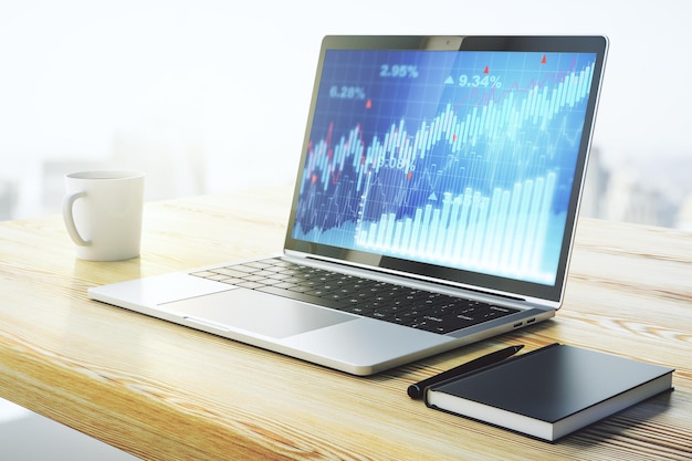 modern computer screen with abstract creative financial chart research and analytics concept 3d rendering