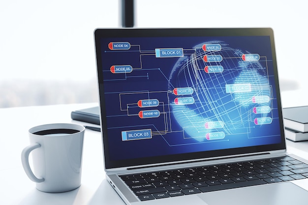 Modern computer screen with abstract graphic coding sketch and world map big data and networking concept 3D Rendering