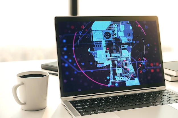 modern computer screen with creative human head microcircuit future technology and ai concept 3d rendering