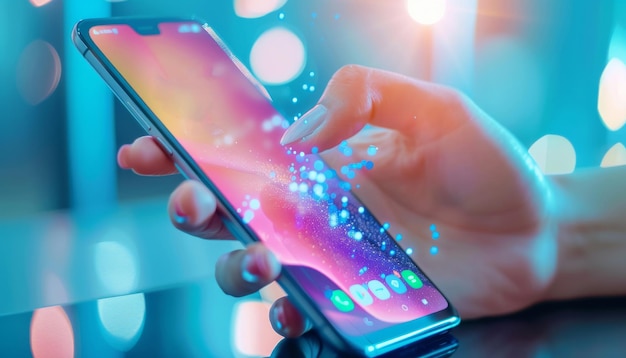 modern technology in action closeup of hands interacting with stylish smartphone display