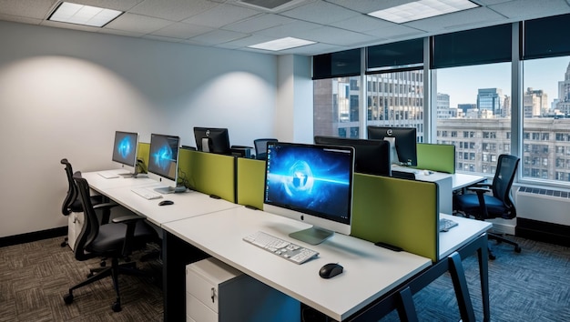 Moderní kancelářské prostory s ergonomickými stoly a počítači