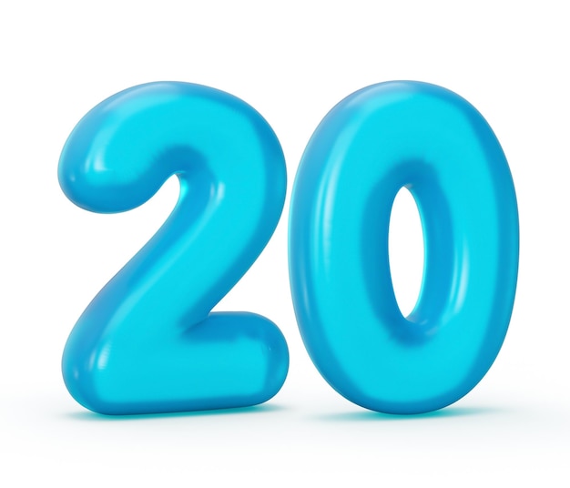 Modrá želatinová číslice 20 dvacet izolovaná na bílém pozadí, želatinové barevné abecedy, čísla pro děti