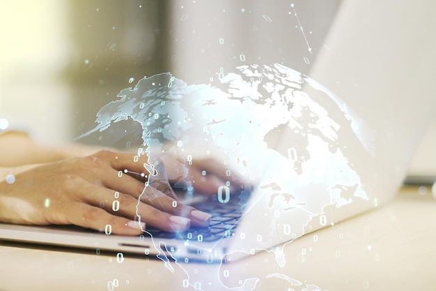 multi exposure of abstract creative coding sketch with world map and hands typing on computer keyboard on background artificial intelligence and neural networks concept