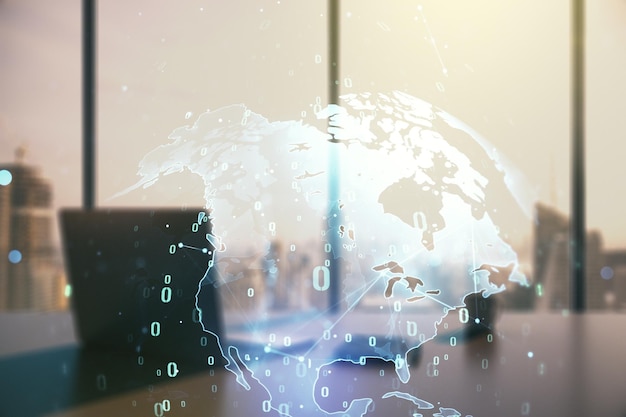 multi exposure of abstract creative coding sketch with world map and modern desktop with computer on background artificial intelligence and neural networks concept