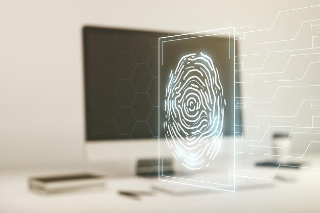 Multi exposure of abstract fingerprint scan interface on computer background digital access concept