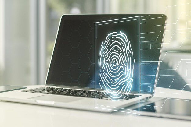Multi exposure of abstract fingerprint scan interface on computer background digital access concept