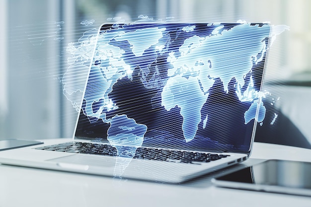 multi exposure of abstract graphic world map on computer background connection and communication concept
