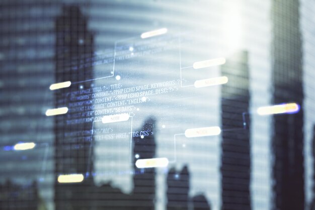 Multi exposure of abstract software development hologram on modern skyscrapers background research and analytics concept