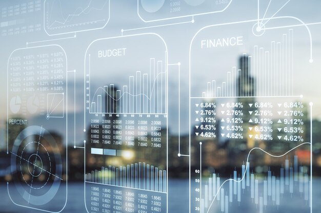 Multi exposure of stats data illustration on blurry skyline background computing and analytics concept