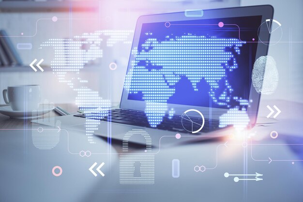 multi exposure of table with computer and world map hologram international data network concept