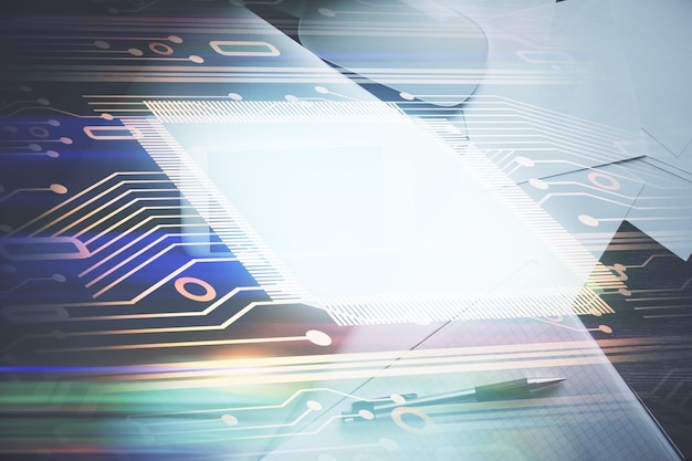 Multi exposure of technology theme drawing over work table desktop Top view Global data analysis concept