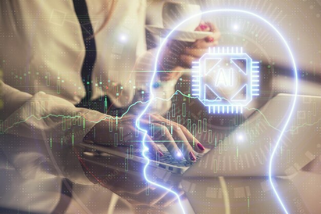 multi exposure of woman hands working on computer and human brain hologram drawing ai tech concept