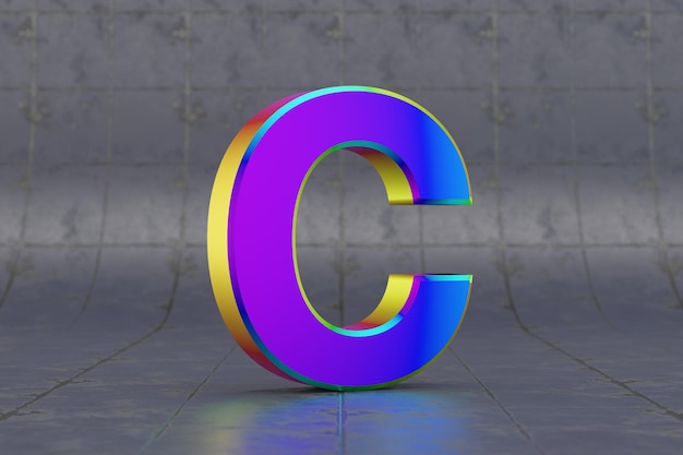 Multicolor 3d letter C uppercase. Glossy iridescent letter on tile background. Metallic alphabet with studio light reflections. 3d rendered font character.