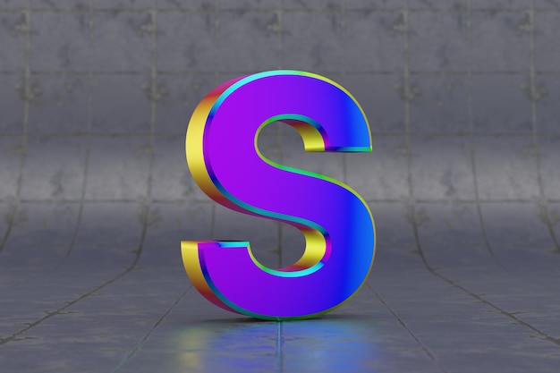 Multicolor 3d letter S uppercase. Glossy iridescent letter on tile background. Metallic alphabet with studio light reflections. 3d rendered font character.