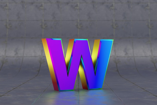 multicolor 3d letter w lowercase. glossy iridescent letter on tile background. metallic alphabet with studio light reflections. 3d rendered font character.