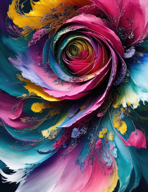 Multicolored and voluminous art of a rosebud closeup Generative AI