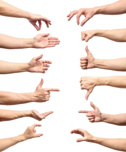 Multiple male caucasian hand gestures isolated over the white background set of multiple images