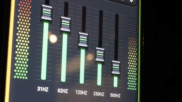 Music Equalizer bar. Audio waveform equalizer on screen black background. Music or sound wave on monitor. colorful sound visualizer abstract. gradient spectrum music graph. Digital graph glow in dark.